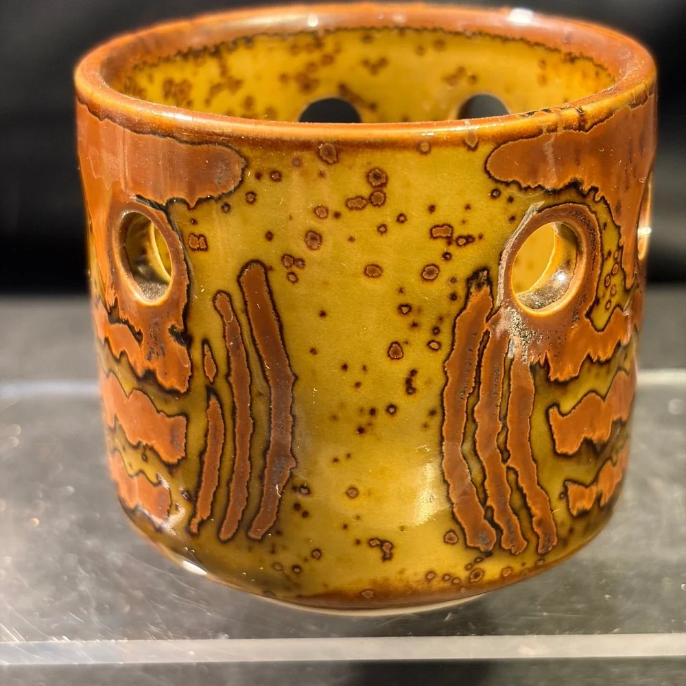 Vintage Ceramic Face Tea Light Candle Holder Speckled Brown Yellow Glaze